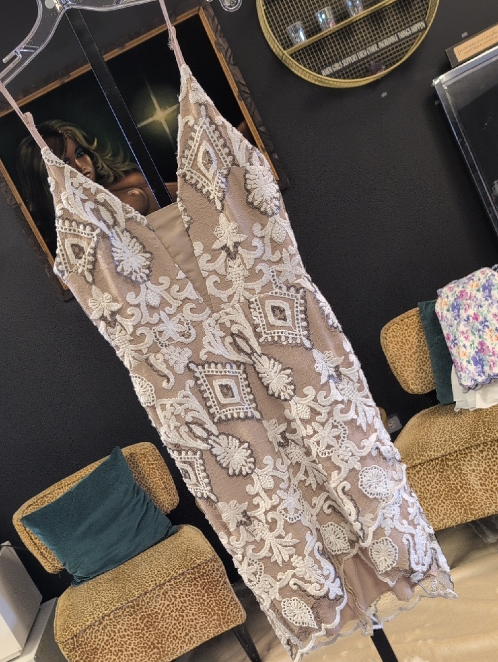 4SI3NNA Beige Midi Dress with White Lace Overlay